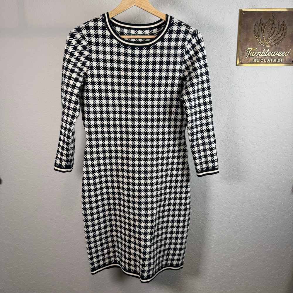 Lauren Ralph Lauren Black White Houndstooth Knit Sweater Dress Small 3/4 Sleeve